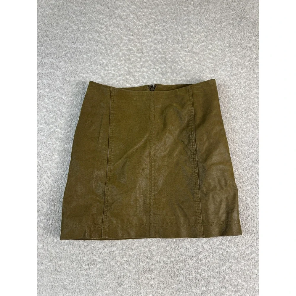 Free People Skirt Womens 2 Olive Green‎ Faux Leather Mini Zip Back High Waist